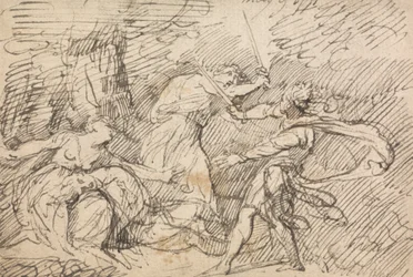 Zwei Männer kämpfen vor einer Frau